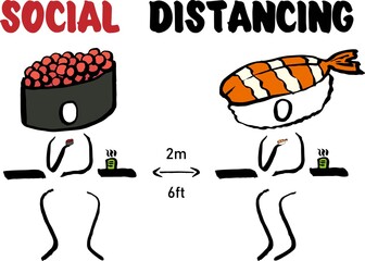Social Distance Keep a safe distance of 2 meters or 6 feet between the bar or restaurant icon tables. A person who eats sushi. Vector image. Hand drawn lines. 