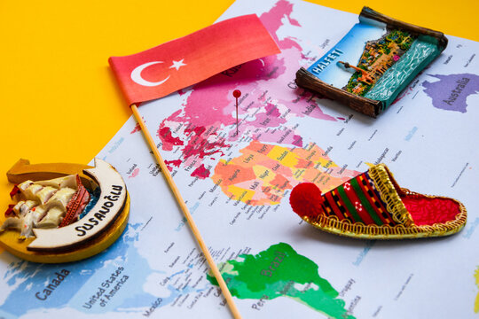 Turkey travel concept, turkish flag, magnets from Halfeti and Sanliurfa
