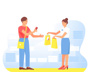 A satisfied buyer makes a purchase from the seller in the store. At the clothing store, the buyer pays with a card. Seller hands paper bags to buyer. Flat cartoon vector illustration.
