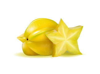 Vector realistic illustration two carambolas - starfruits isolated on white background, 3d