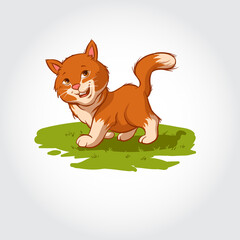 Cartoon characters of cat playing and running on a grass field. Mascot vector illustration.