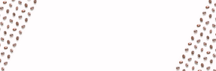 Many coffee beans at white background. Isolated seeds. Roast arabica restaurant concept. Taste energy brown morning beverage. Cafe wallpaper. Frame with copyspace. Horizontal banner