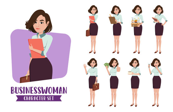 Businesswoman character vector set. Business woman characters female office employee in different standing pose and gestures for staff collection design. Vector illustration   