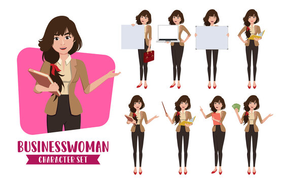 Business woman teacher character vector set. Business woman characters female office employee or teacher in presentation pose for corporate sales collection design. Vector illustration 