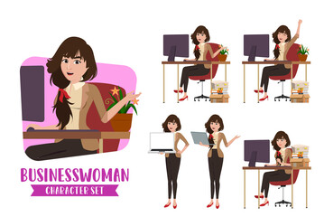 Business woman in  desk character vector set. Businesswoman female characters sitting in desk and preparing for demo presentation for office desk business design collection. Vector illustration