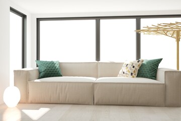 modern room with sofa,piilows,lamp on floor interior design. 3D illustration