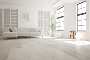 modern room with sofa,pillows,chair,pouf,lamp interior design. 3D illustration