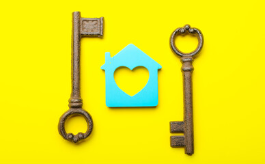 Keys from house on color background