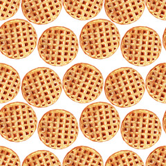 Watercolor seamless pattern with wafers of various shapes. Heart waffles, square waffles, and round waffles