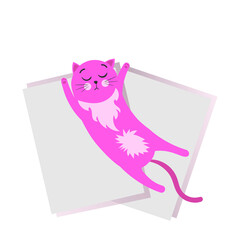 The cat lies and sleeps on the newspaper. Cute cartoon ginger cat. Vector illustration isolated on a white background.