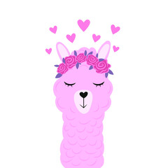 Cute cartoon llama with a wreath of flowers on her head. Pink roses and hearts. Flat vector illustration isolated on white background. © iuvmiro