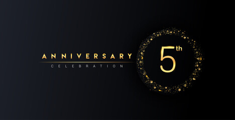 5th anniversary logo with confetti and golden glitter ring isolated on black background, vector design for greeting card and invitation card.