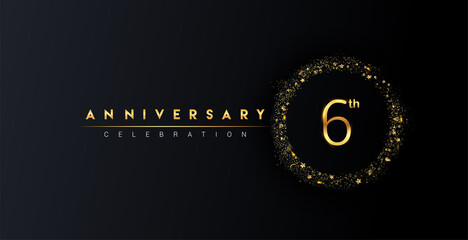 6th anniversary logo with confetti and golden glitter ring isolated on black background, vector design for greeting card and invitation card.