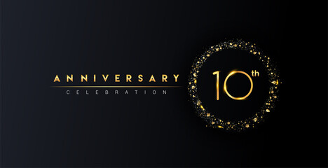 10th anniversary logo with confetti and golden glitter ring isolated on black background, vector design for greeting card and invitation card.