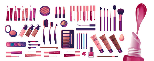 Cosmetics and fashion set with make up artist objects lipstick, cream, brush. Realisic Vector Illustration.
