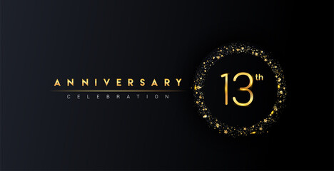 13th anniversary logo with confetti and golden glitter ring isolated on black background, vector design for greeting card and invitation card.