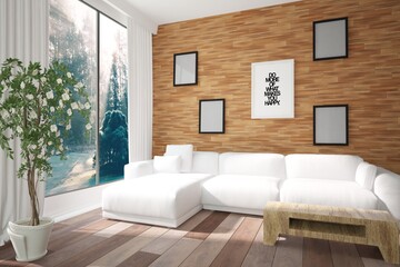 modern room with sofa,frames,tabel and plants interior design. 3D illustration