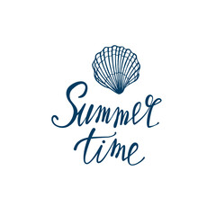 Summer time - hand written lettering. Text isolated on white background with design elements. Summer typography for photo overlays, t-shirt print, flyer, poster design. Beach life message