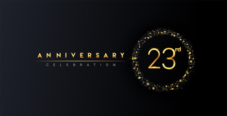 Fototapeta premium 23rd anniversary logo with confetti and golden glitter ring isolated on black background, vector design for greeting card and invitation card.