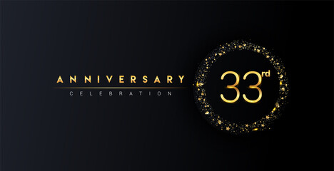33rd anniversary logo with confetti and golden glitter ring isolated on black background, vector design for greeting card and invitation card.