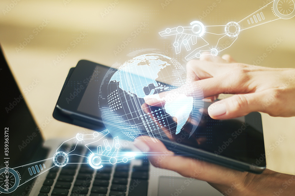 Aufkleber creative concept of robotics technology with globe sketch and finger clicks on a digital tablet on b