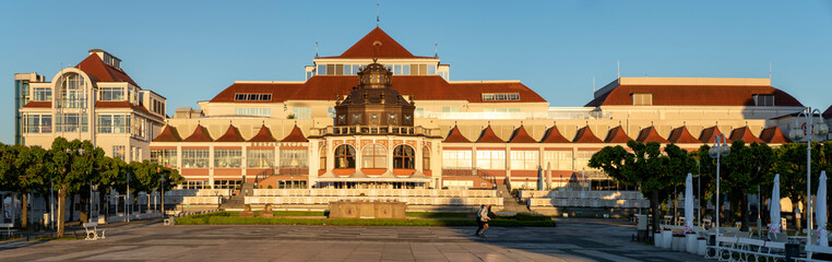 The historic buildings of the city of Sopot seaside resort in the light of summer morning
