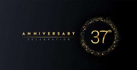 Fototapeta premium 37th anniversary logo with confetti and golden glitter ring isolated on black background, vector design for greeting card and invitation card.