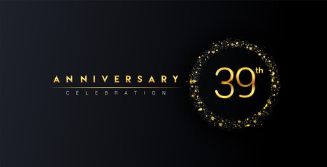 39th anniversary logo with confetti and golden glitter ring isolated on black background, vector design for greeting card and invitation card.