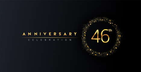 46th anniversary logo with confetti and golden glitter ring isolated on black background, vector design for greeting card and invitation card.