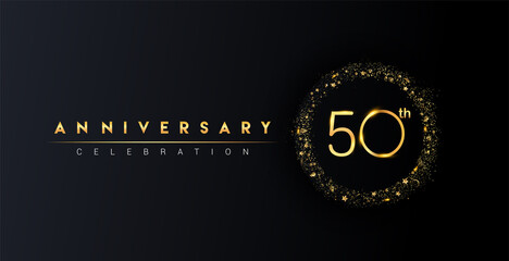 50th anniversary logo with confetti and golden glitter ring isolated on black background, vector design for greeting card and invitation card.