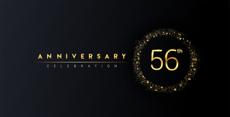56th anniversary logo with confetti and golden glitter ring isolated on black background, vector design for greeting card and invitation card.