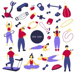 Big sport set. Icons of sports equipment and training people. Workout at home, sport exercises at home. Flat vector graphic