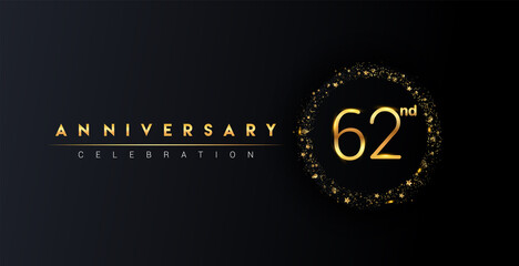 Fototapeta premium 62nd anniversary logo with confetti and golden glitter ring isolated on black background, vector design for greeting card and invitation card.