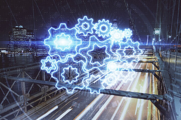 Double exposure of business theme hologram drawing and city veiw background. Concept of success.