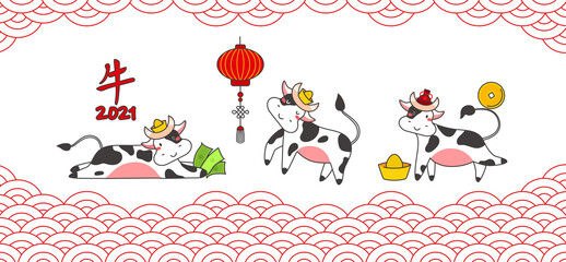 Chinese new year of white ox 2021 zodiac - vector set bulls or cows, flat cartoon animals for holiday cards, posters and home decorations, cute characters with golden coins for luck isolated on white