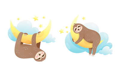 Cute Sloth sleeping on the moon, baby animal sweet and sleepy hugging the moon in sleep. Watercolor style vector cartoon illustration for kids room decoration or nursery art.