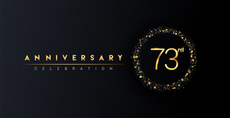 73rd anniversary logo with confetti and golden glitter ring isolated on black background, vector design for greeting card and invitation card.