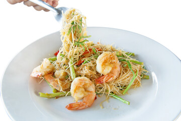 Top view of Stir Fried Rice Vermicelli with Water Mimosa and Prawns on white plate.