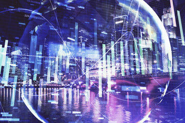 Double exposure of business theme hologram drawing and city veiw background. Concept of success.