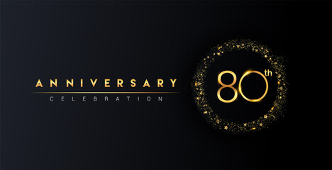 80th anniversary logo with confetti and golden glitter ring isolated on black background, vector design for greeting card and invitation card.