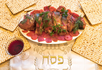 Jewish food and drink symbols for blessing Passover Pesach holiday.Translation of three Hebrew...