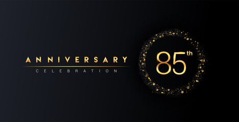 85th anniversary logo with confetti and golden glitter ring isolated on black background, vector design for greeting card and invitation card.
