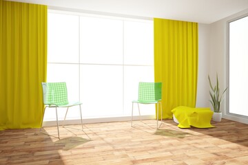 modern room with two chairs,bench with plaid and yellow curtains interior design. 3D illustration