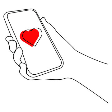 One Line Continuous Drawing Right Hand Holding Phone With Love Symbol