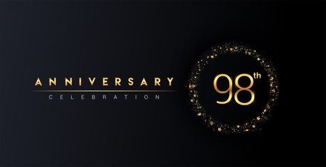 98th anniversary logo with confetti and golden glitter ring isolated on black background, vector design for greeting card and invitation card.