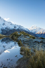 Fototapeta na wymiar View from the Sealy Tarns track in Mt Cook in New Zealand, famous place for trekking and outdoors. 