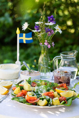 Fresh smoked salmon salad and other  Swedish midsummer solstice traditional food on a table outdoors