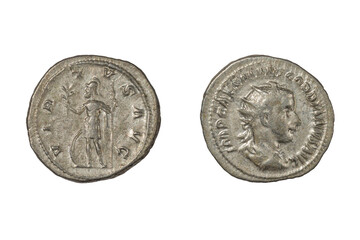 Ancient Roman silver coin. Denarius of Gordian III (238-244 AD). The reverse side shows "Virtus" (Virtue) holding spear and olive branch