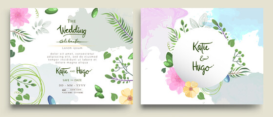 Wedding Invitation, floral invite thank you, rsvp modern card Design: green tropical palm leaf greenery eucalyptus branches decorative wreath & frame pattern. Vector elegant watercolor rustic template