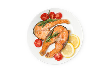 Plate with grilled salmon isolated on white background